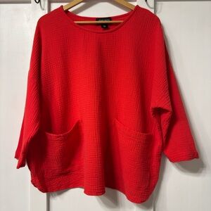 Jones & Co Orange Red Oversized 3/4 Sleeve Cotton Gauze Top